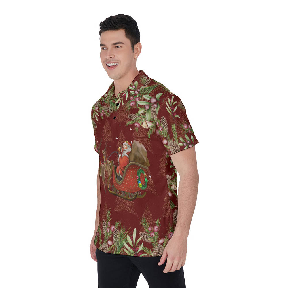 Santa Riding Sleigh Vintage Floral Red Hawaiian Polo Shirt For Men
