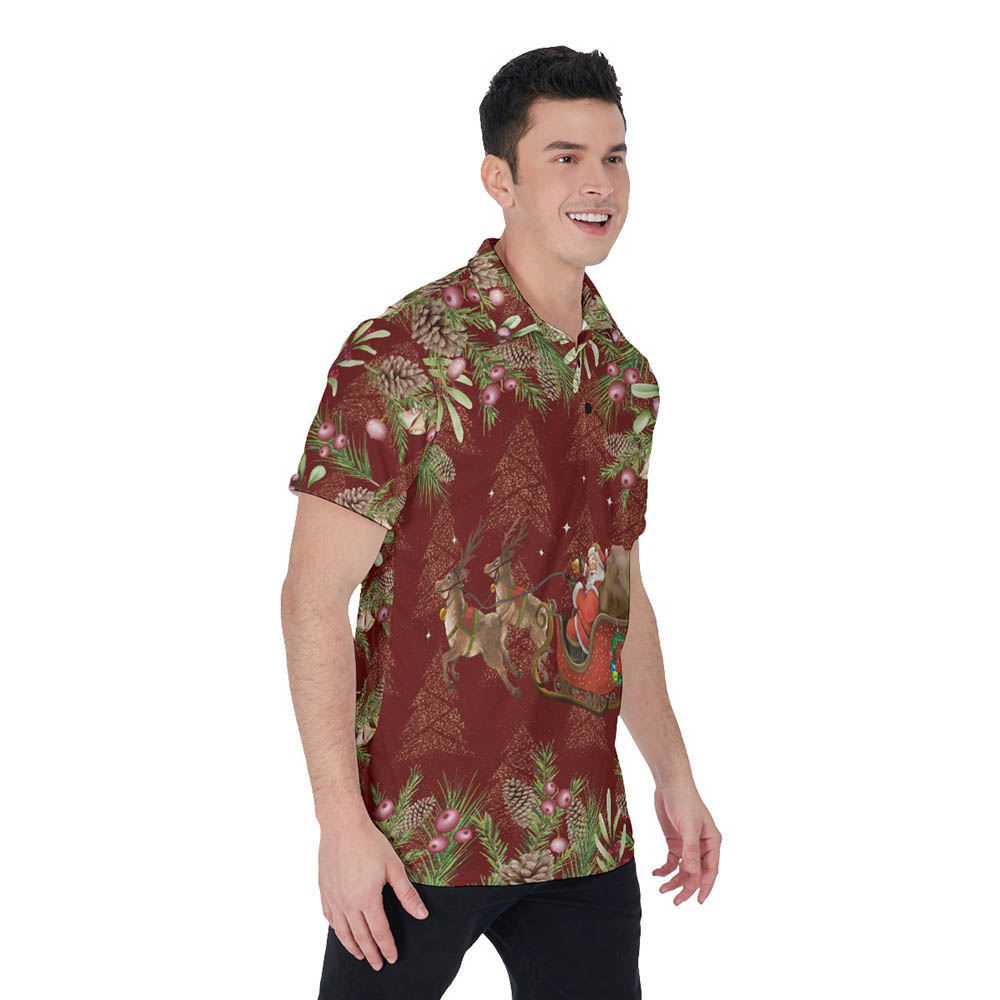 Santa Riding Sleigh Vintage Floral Red Hawaiian Polo Shirt For Men