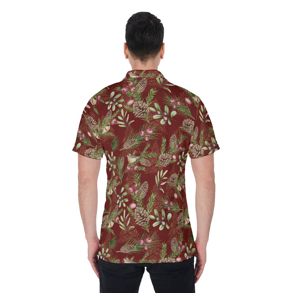 Santa Riding Sleigh Vintage Floral Red Hawaiian Polo Shirt For Men
