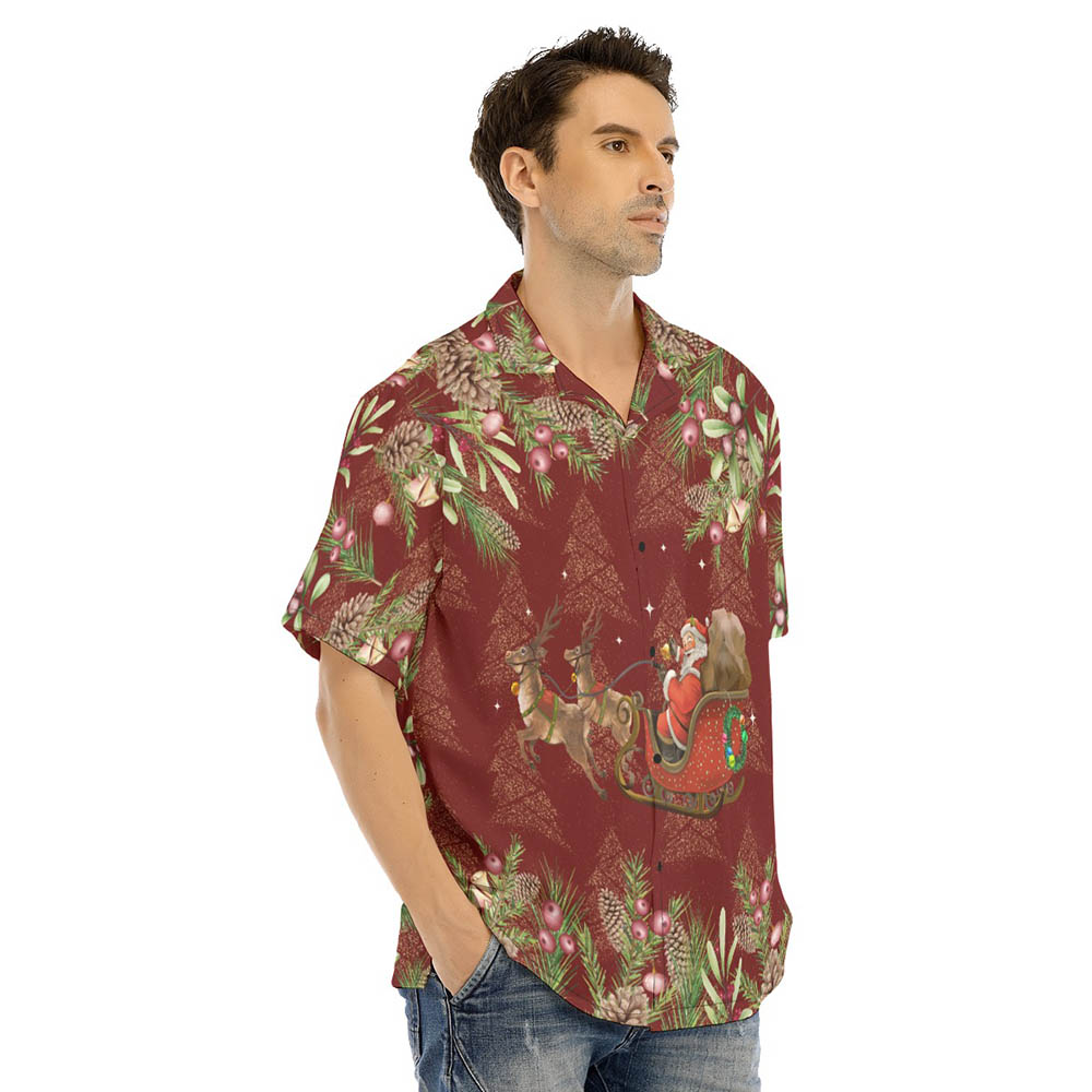Santa Claus Riding Sleigh Tropical Classic Red Hawaiian Shirt For Men