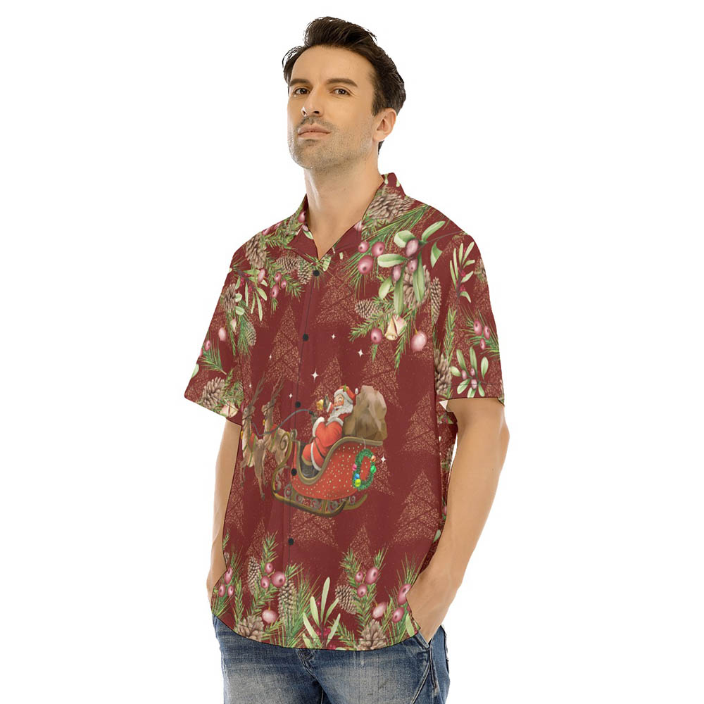 Santa Claus Riding Sleigh Tropical Classic Red Hawaiian Shirt For Men