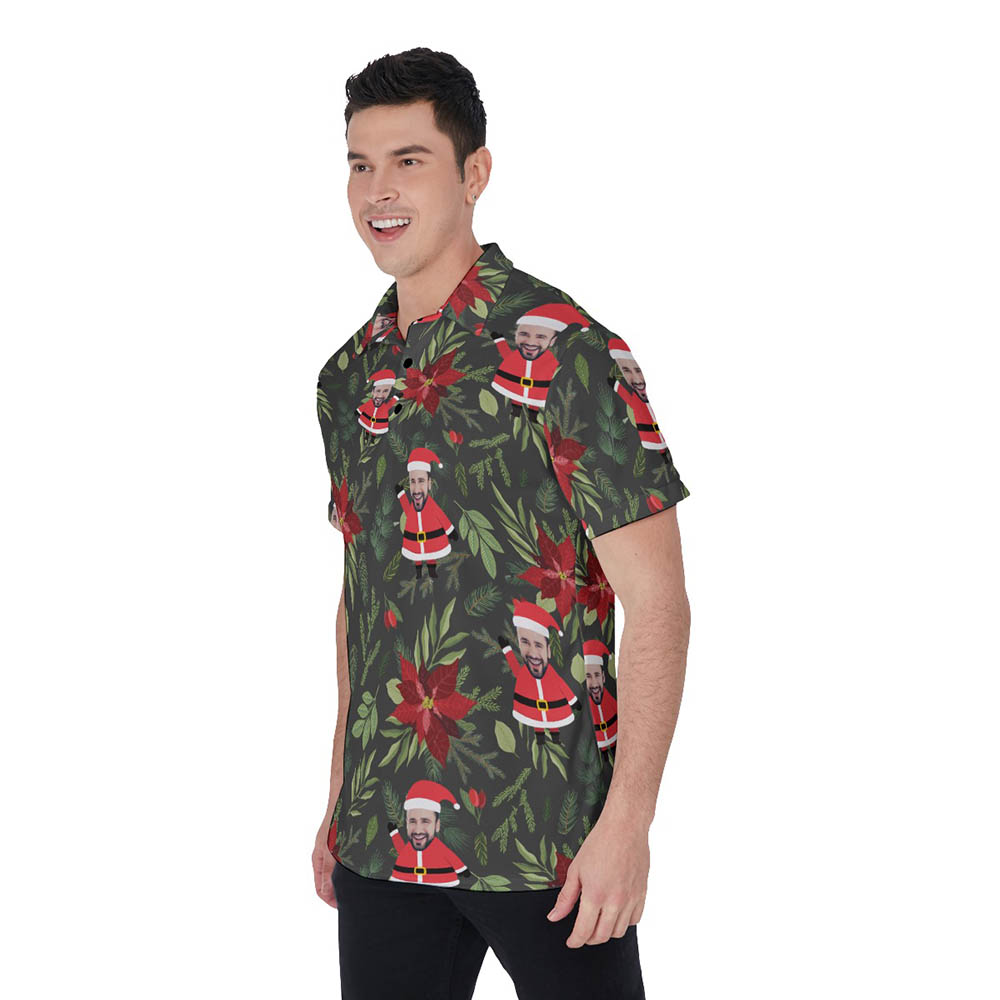 Poinsettia Tropical Santa Hawaiian Polo Shirt With Custom Face