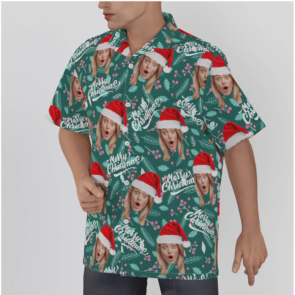 Funny Custom Face Merry Christmas Green Hawaiian Shirt