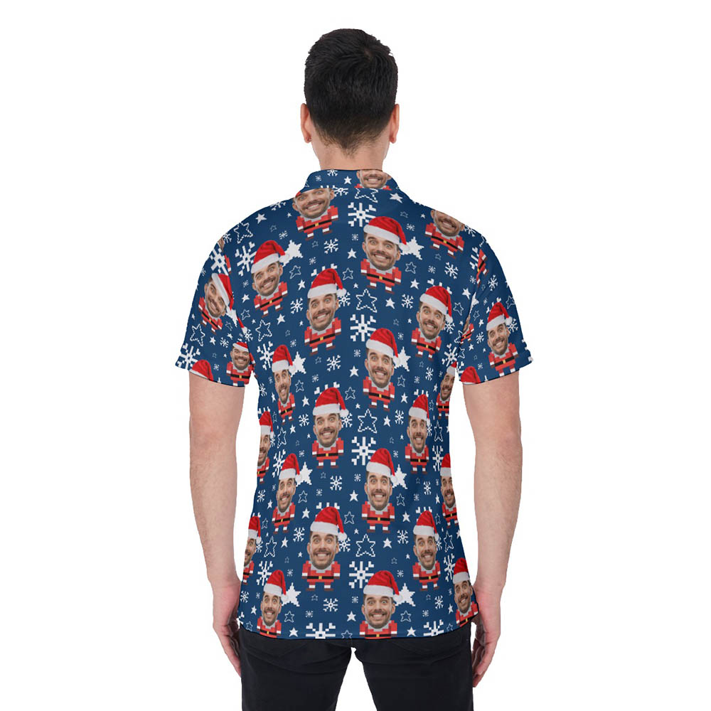 Funny Custom Face Santa Christmas Pixel Art Navy Hawaiian Polo Shirt