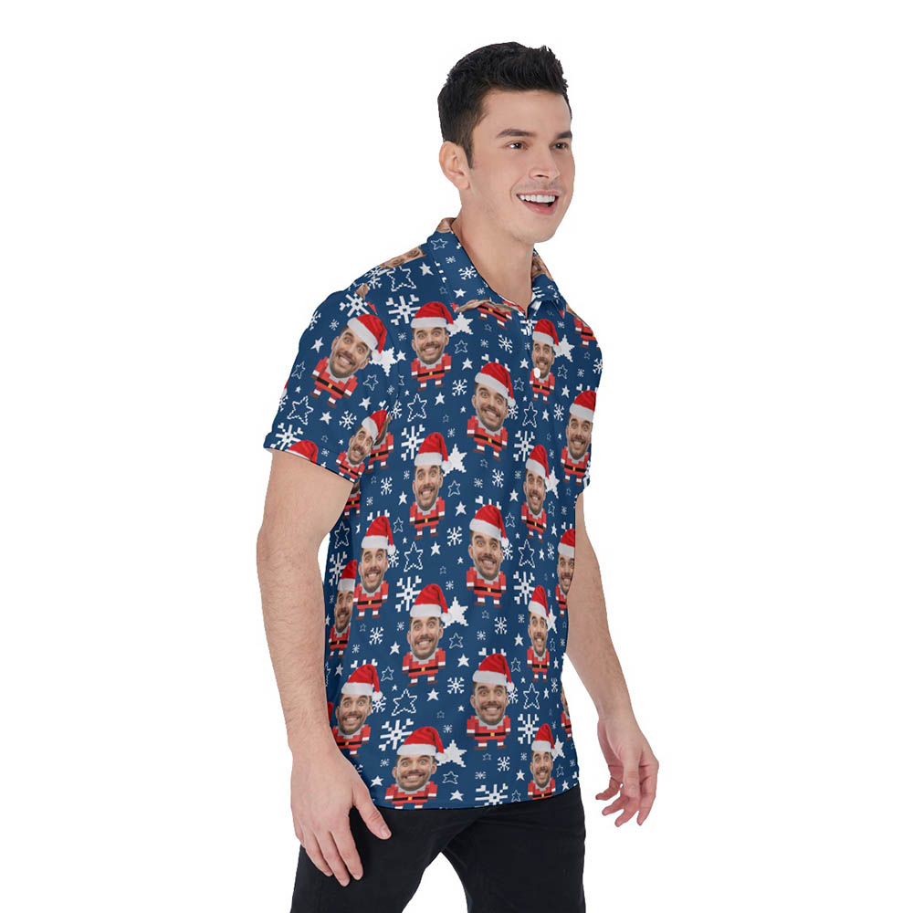 Funny Custom Face Santa Christmas Pixel Art Navy Hawaiian Polo Shirt