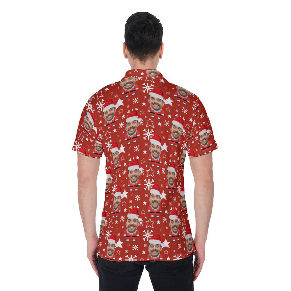 Cute Santa Pixel Art Christmas Hawaiian Polo Shirt With Custom Face