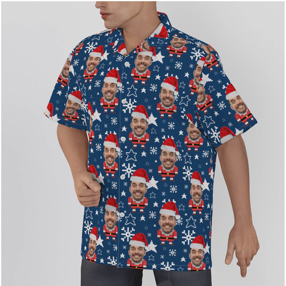Funny Custom Face Santa Claus Pixel Art Christmas Men's Hawaiian Shirt