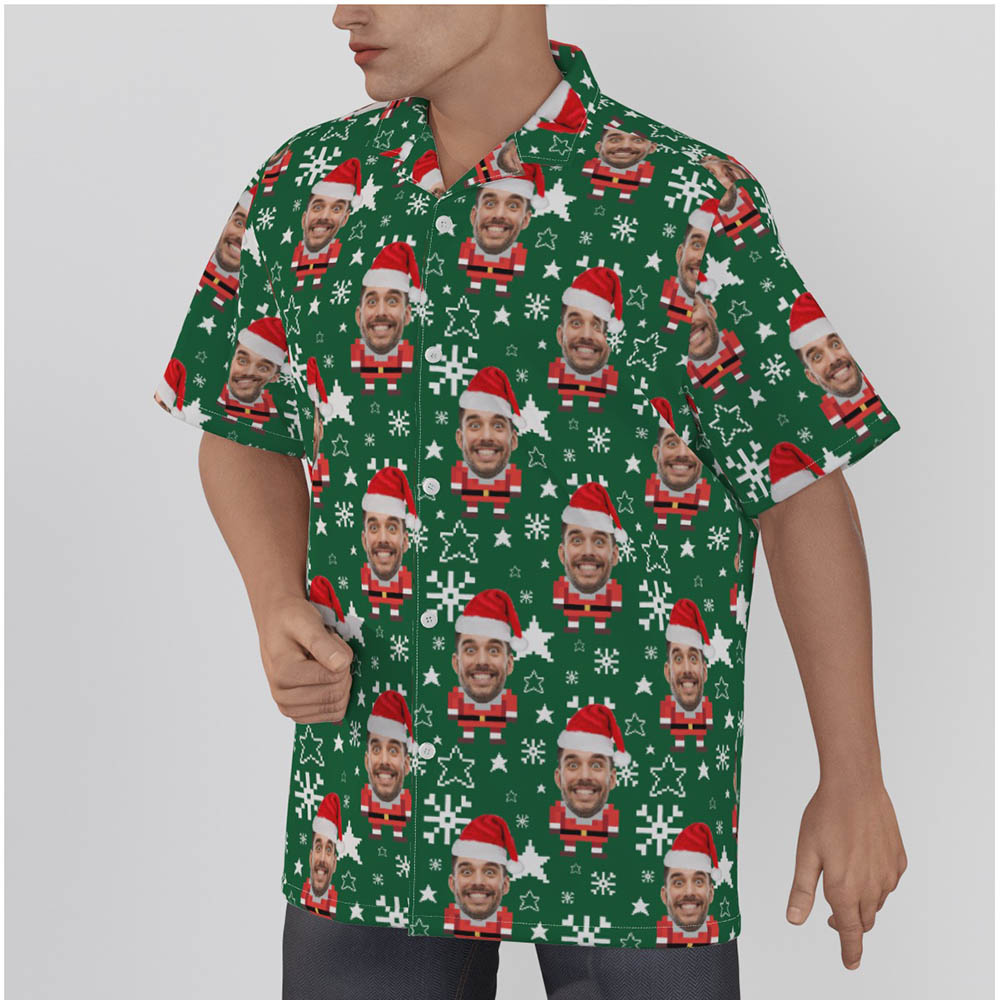 Funny Custom Face Pixel Art Santa Claus Christmas Green Hawaiian Shirt