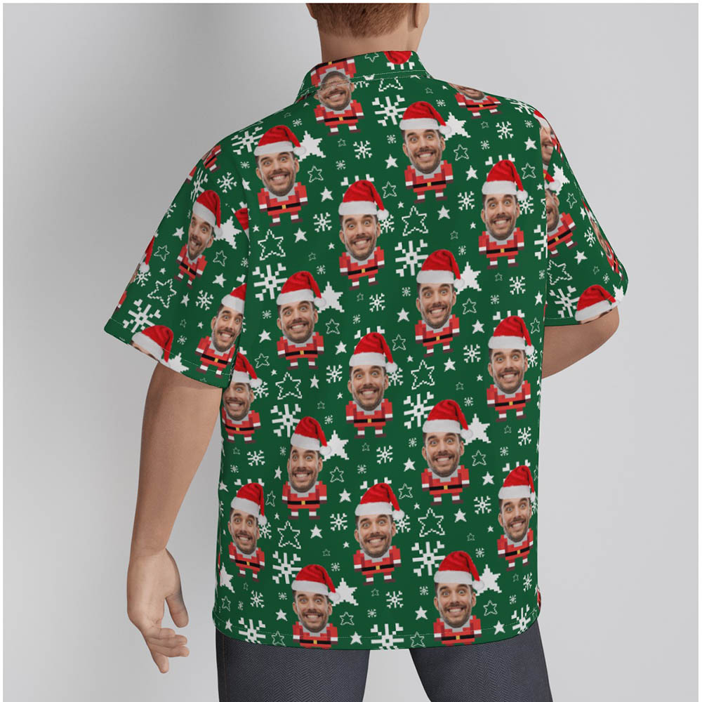 Funny Custom Face Pixel Art Santa Claus Christmas Green Hawaiian Shirt