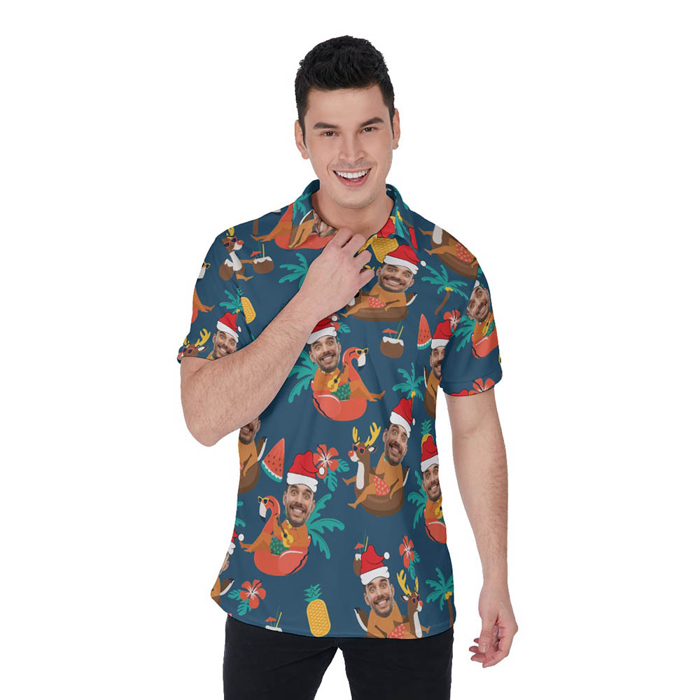 Custom Face Santa Summer Christmas Hawaiian Polo Shirt For Men