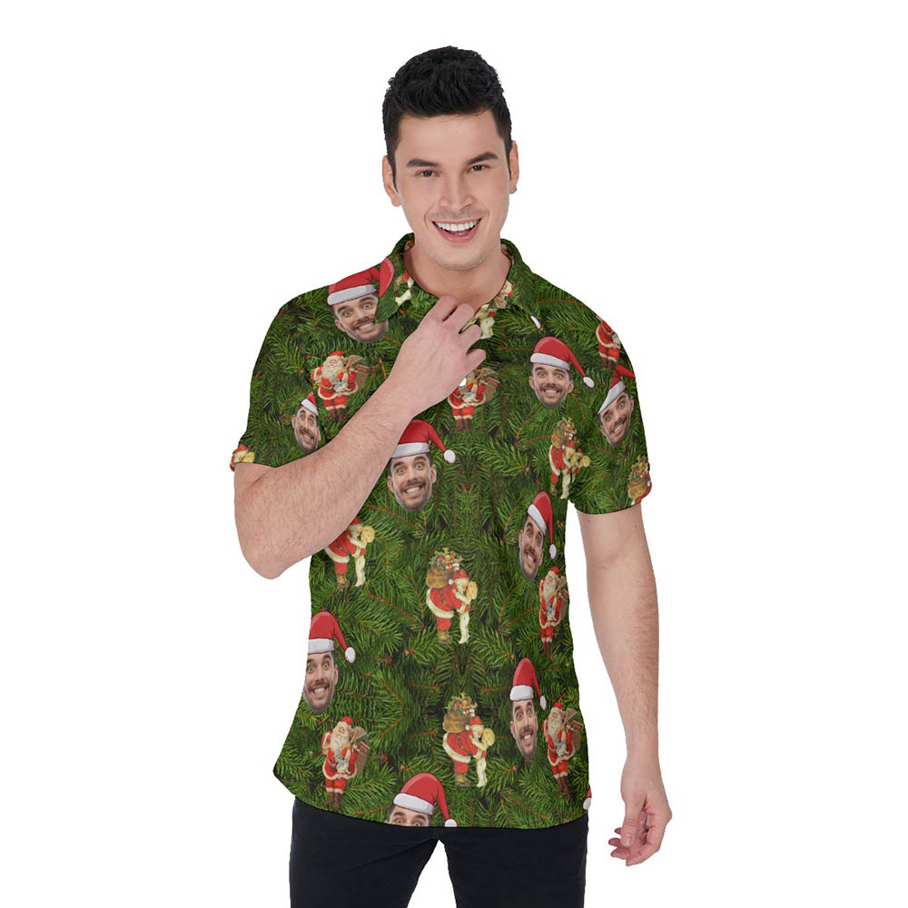 Santa Claus Custom Face Green Hawaiian Polo Shirt For Men - variant image 1
