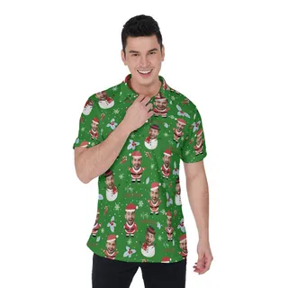 Custom Face Snowman Santa Claus Christmas Hawaiian Polo Golf Shirt
