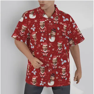 Funny Snowman Santa With Custom Face Red Hawaiian Christmas Shirt