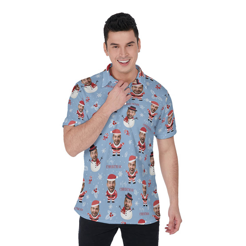 Cute Custom Face With Snowman Santa Christmas Hawaiian Polo Shirt For Men - variant image 1
