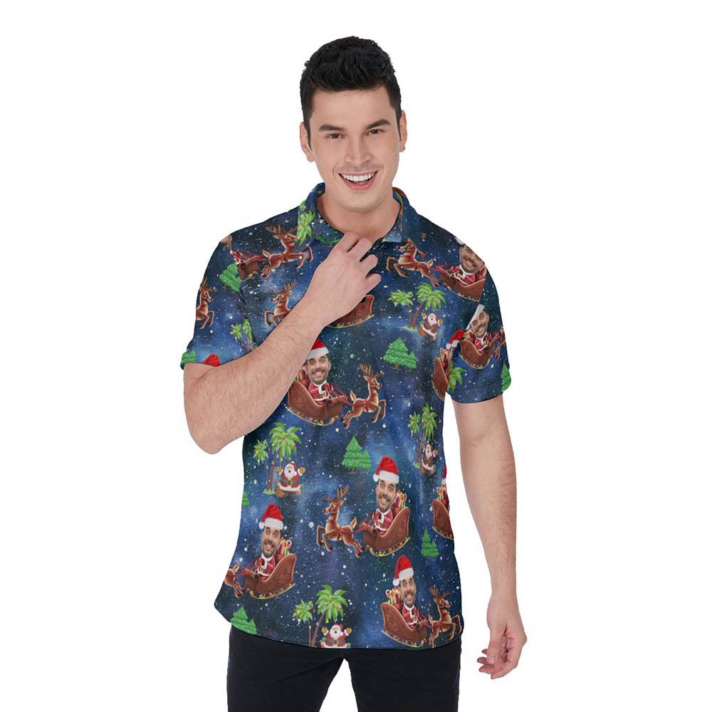 Custom Face Santa Riding Sleigh Christmas Hawaiian Polo Shirt For Men