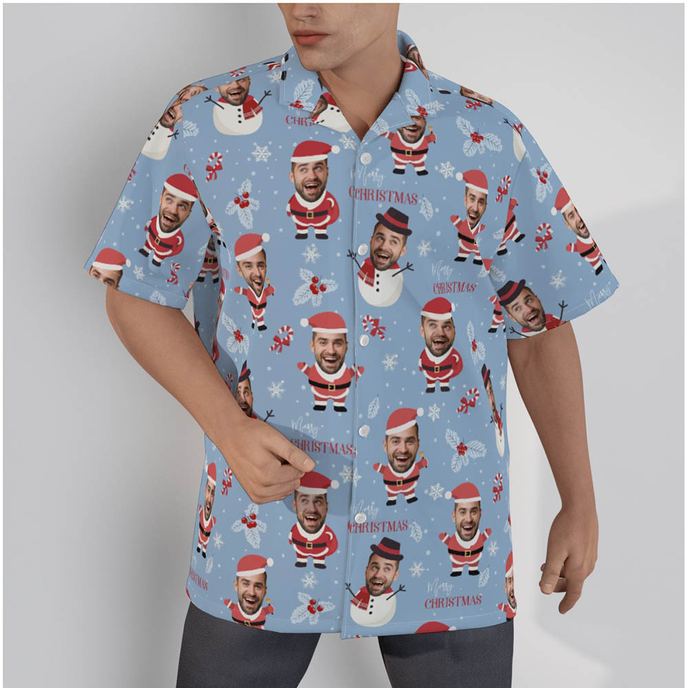Funny Custom Face Santa Snowman Christmas Blue Hawaiian Shirt - variant image 1
