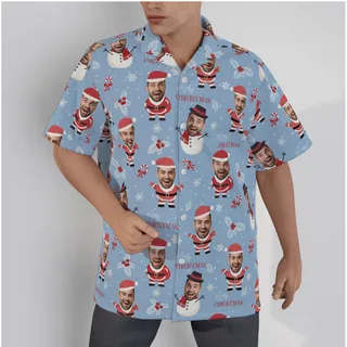 Funny Custom Face Santa Snowman Christmas Blue Hawaiian Shirt