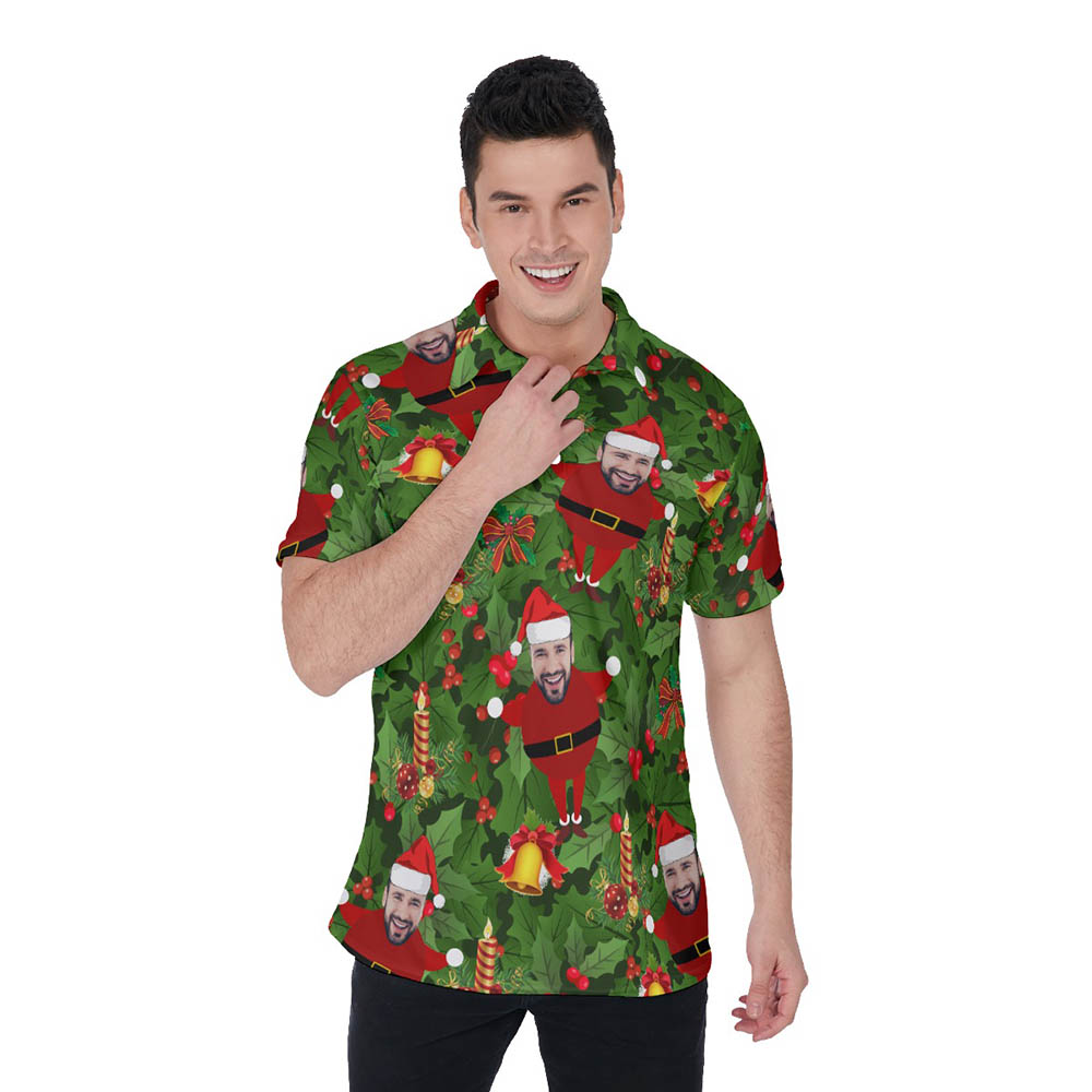 Tropical Custom Face Christmas Santa Green Hawaiian Polo Shirt For Men
