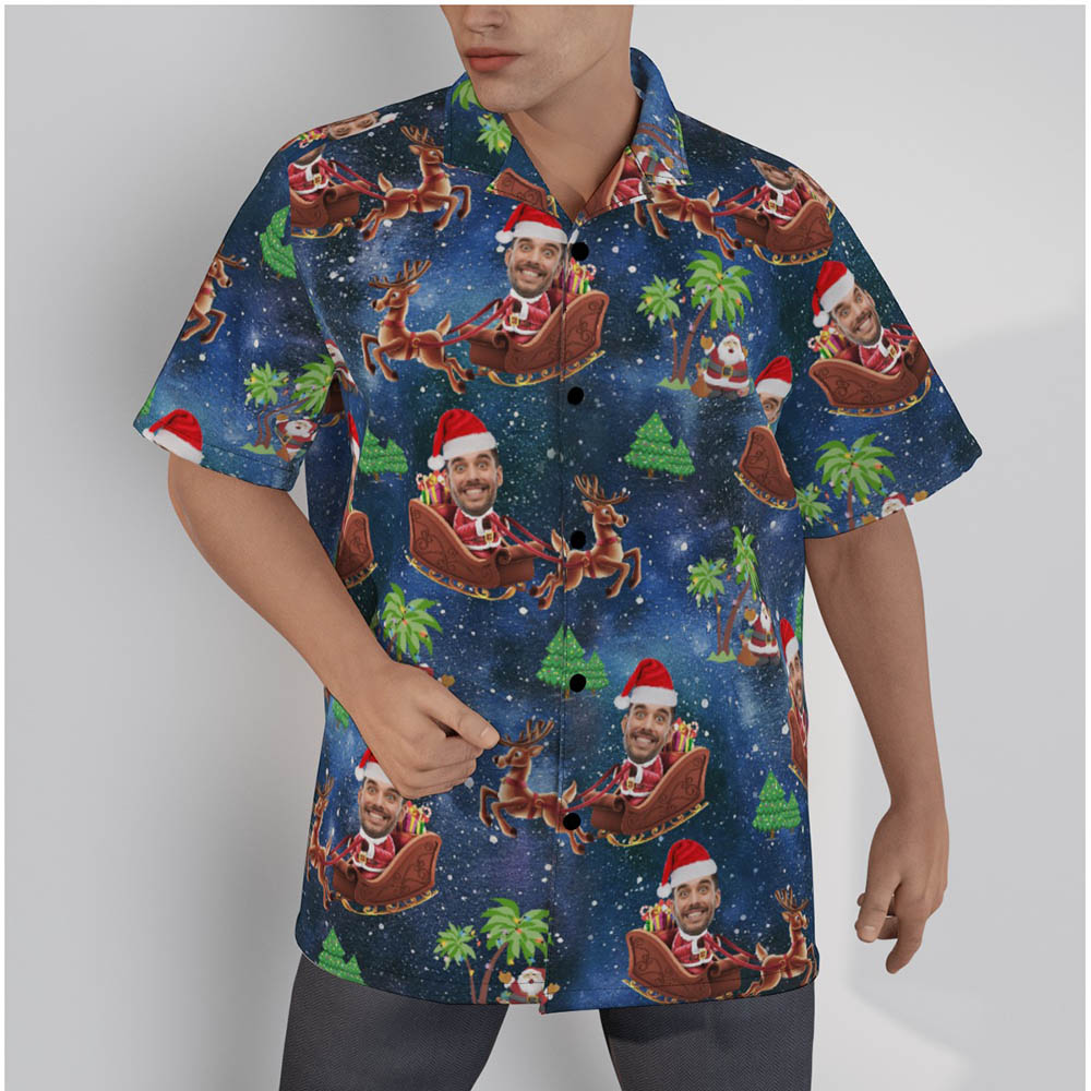 Funny Custom Face Santa Riding Sleigh Christmas Hawaiian Shirt - variant image 1
