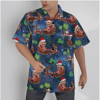Funny Custom Face Santa Riding Sleigh Christmas Hawaiian Shirt