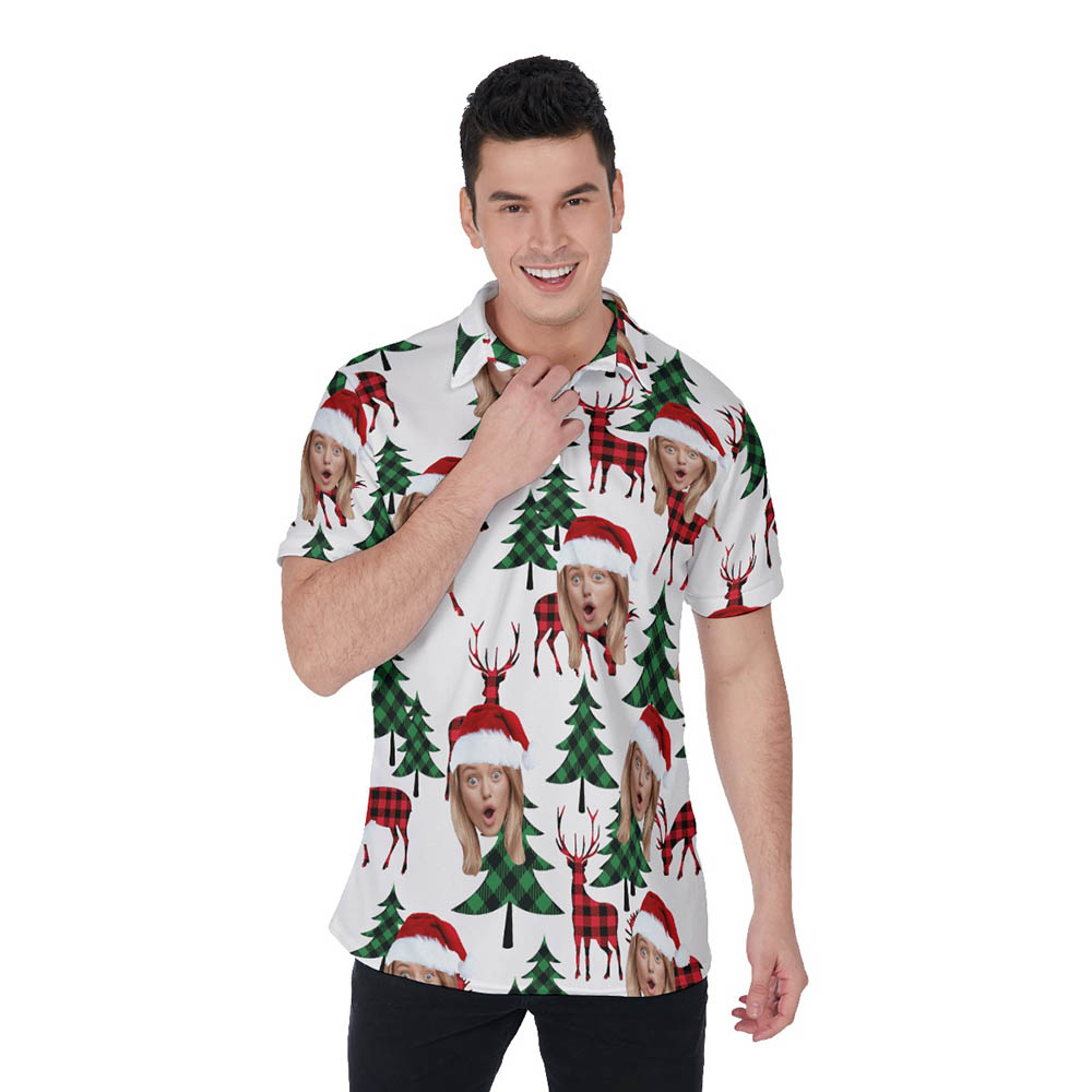 Funny Custom Face Merry Holly Xmas Hawaiian Polo Shirt For Men - variant image 1