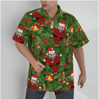Funny Custom Face Santa Green Tropical Christmas Hawaiian Shirt
