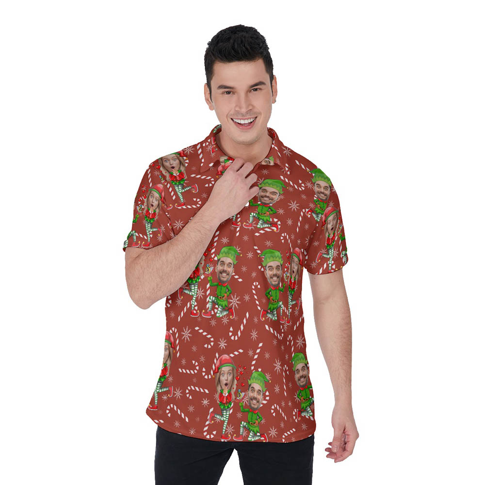 Custom Couple Face Elf Christmas Red Hawaiian Polo Shirt For Men