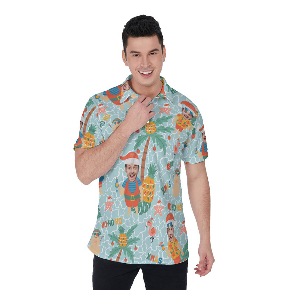 Tropical Beach Custom Face Christmas Hawaiian Polo Shirt For Men