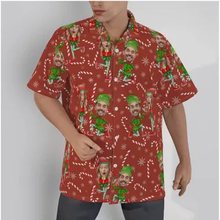 Funny Elf Custom Couple Face Christmas Men's Hawaiian Shirt