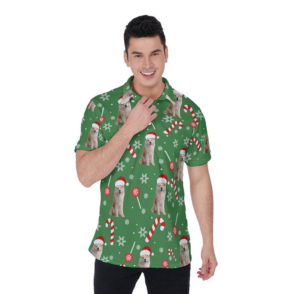 Funny Custom Dog Face Candy Cane Christmas Hawaiian Polo Shirt For Men - variant image 1