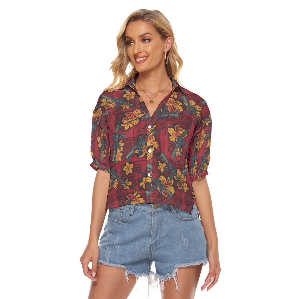 Vintage Hibiscus Tactical Gun Red Women's Hawaiian Cropped Shirt - variant image 1