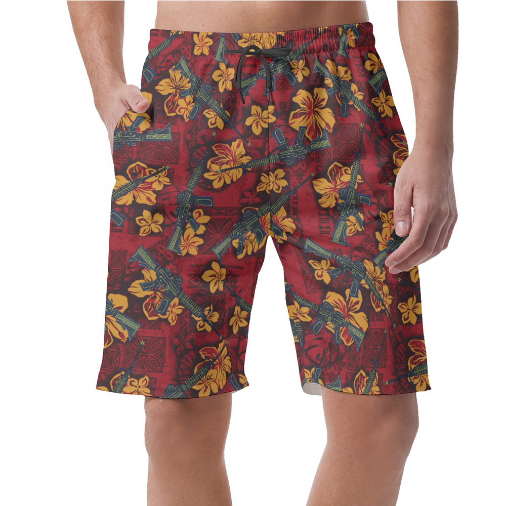 Tactical Gun Vintage Hibiscus Red Hawaiian Men's Shorts - variant image 1