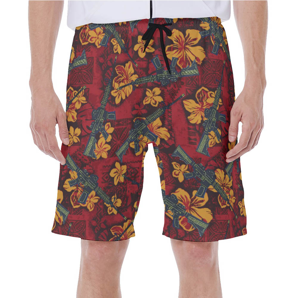 Tactical Gun Vintage Hibiscus Red Hawaiian Swim Trunks For Men - variant image 1