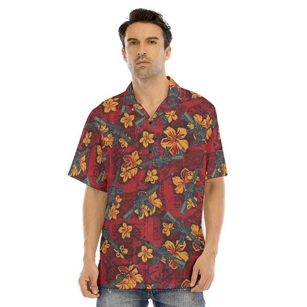 Tactical Gun Vintage Hibiscus Red Men's Hawaiian Shirt - variant image 1