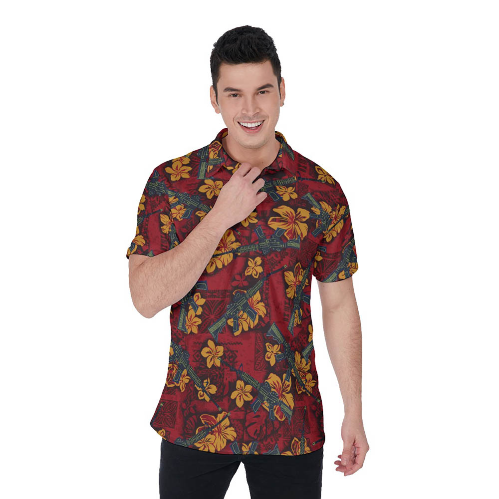 Vintage Tactical Gun Hibiscus Hawaiian Polo Golf Shirt - variant image 1