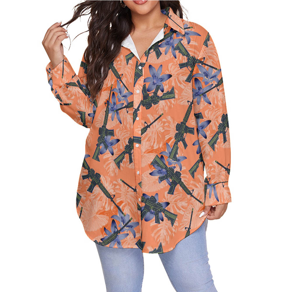 Tactical Gun Floral Orange Hawaiian Plus Size Shirt For Women - variant image 1