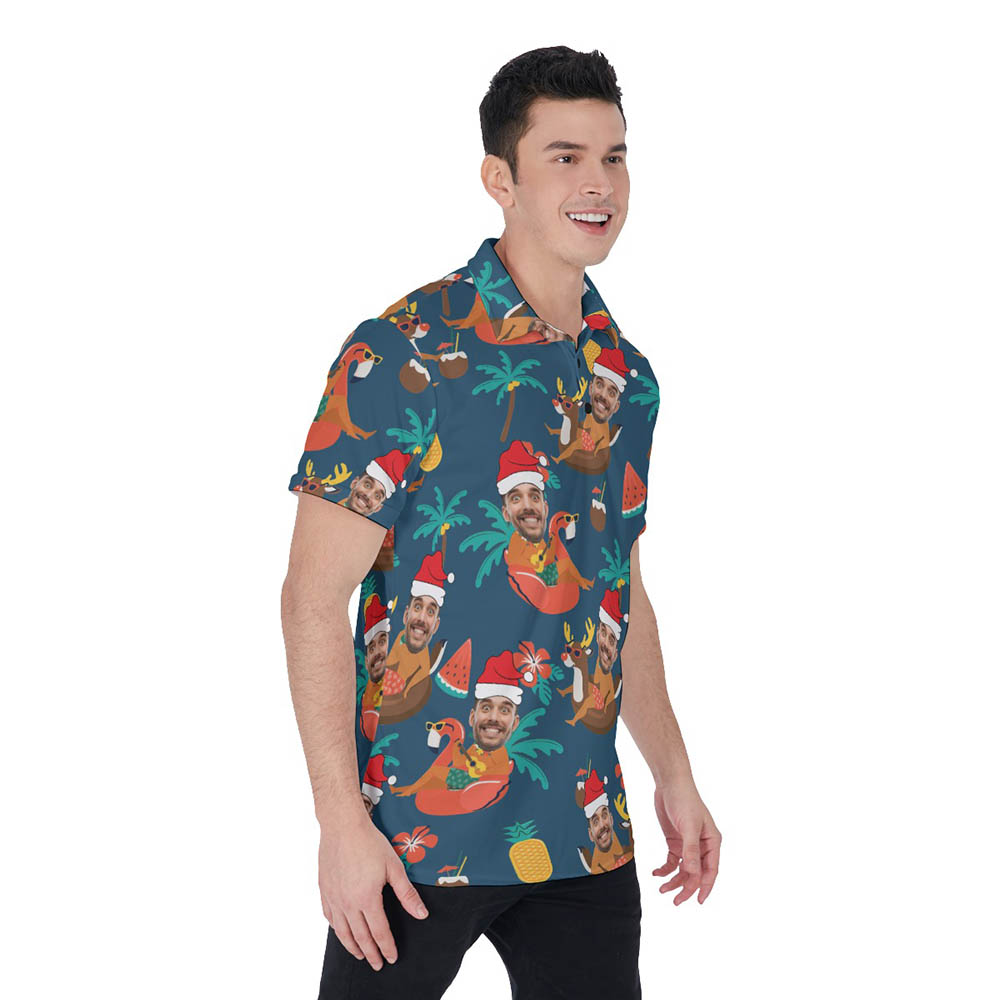 Custom Face Santa Summer Christmas Hawaiian Polo Shirt For Men