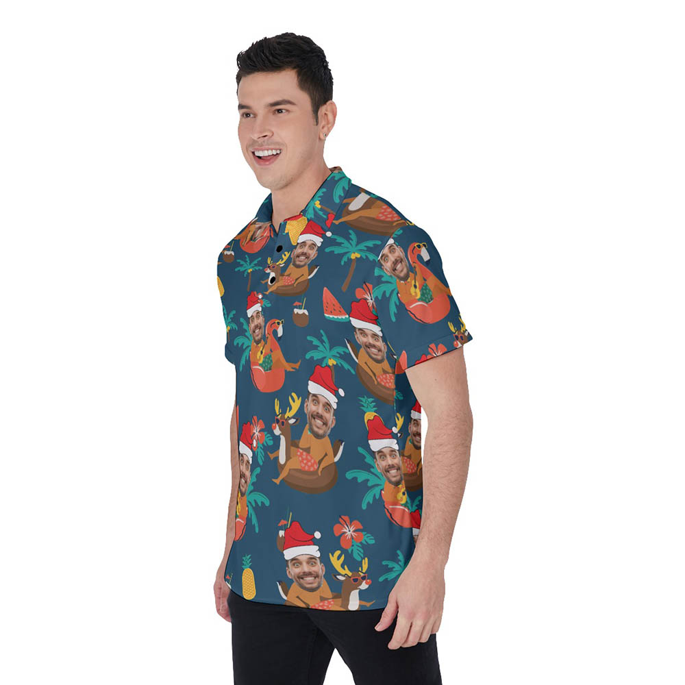 Custom Face Santa Summer Christmas Hawaiian Polo Shirt For Men
