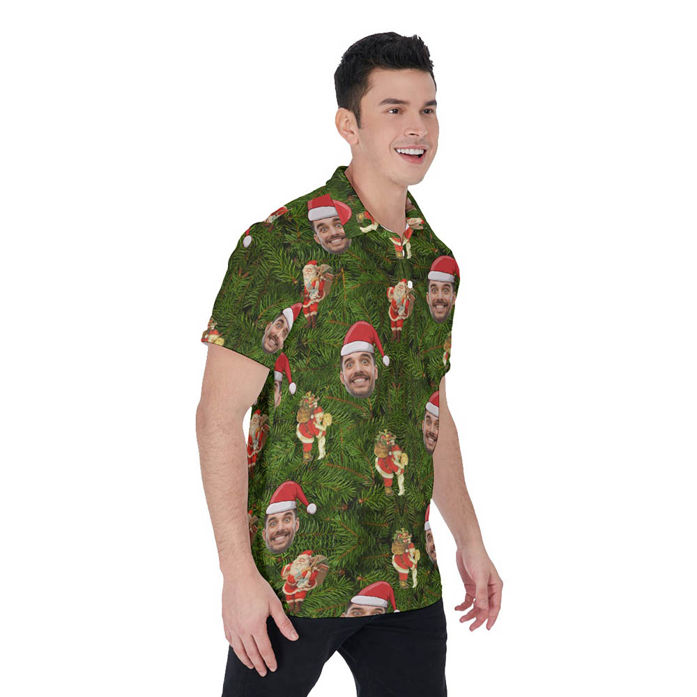 Santa Claus Custom Face Green Hawaiian Polo Shirt For Men