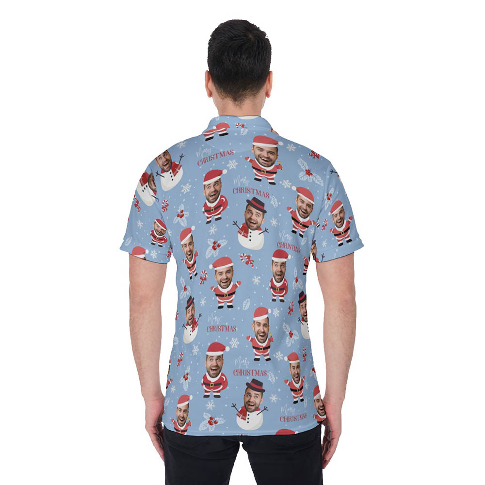Cute Custom Face With Snowman Santa Christmas Hawaiian Polo Shirt For Men