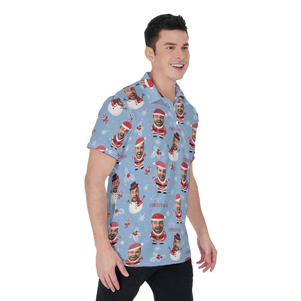 Cute Custom Face With Snowman Santa Christmas Hawaiian Polo Shirt For Men