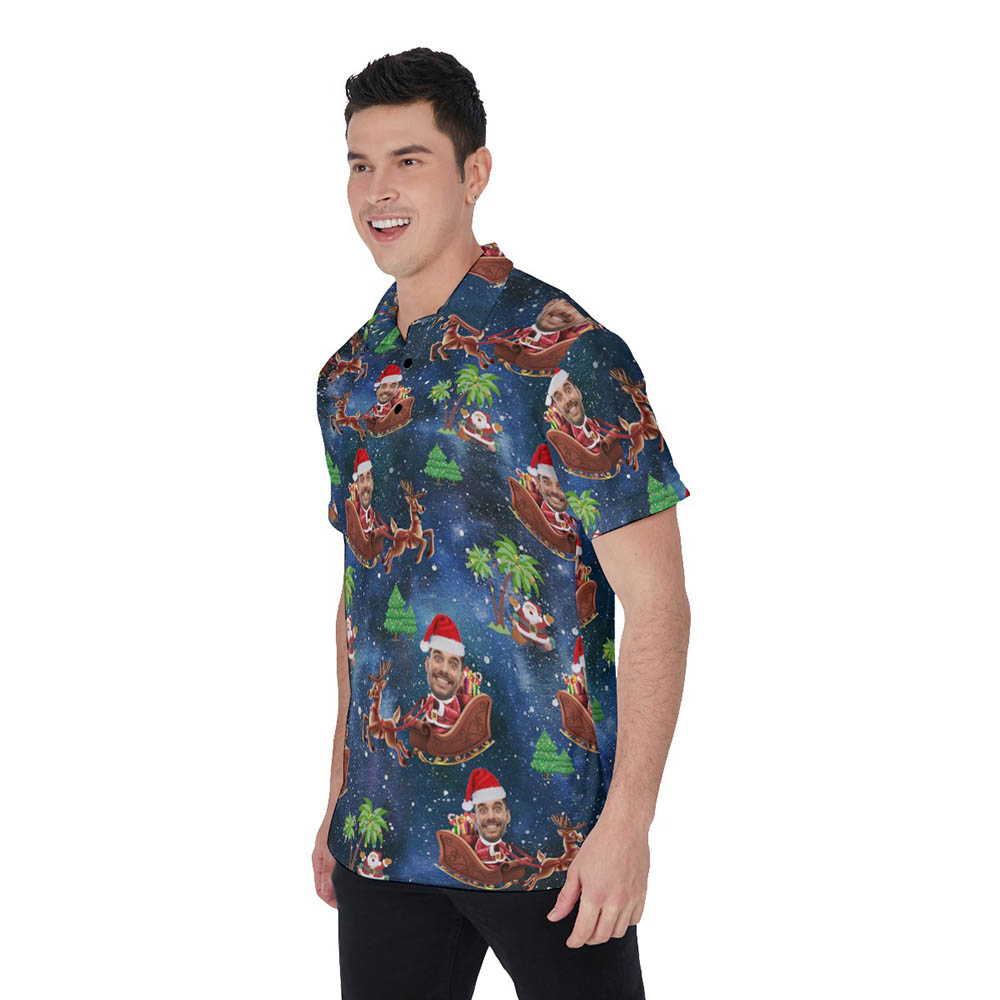 Custom Face Santa Riding Sleigh Christmas Hawaiian Polo Shirt For Men