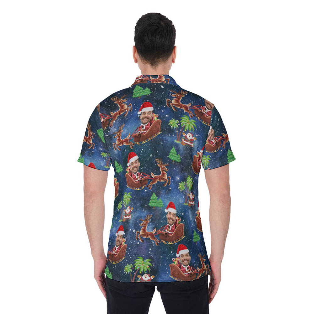 Custom Face Santa Riding Sleigh Christmas Hawaiian Polo Shirt For Men