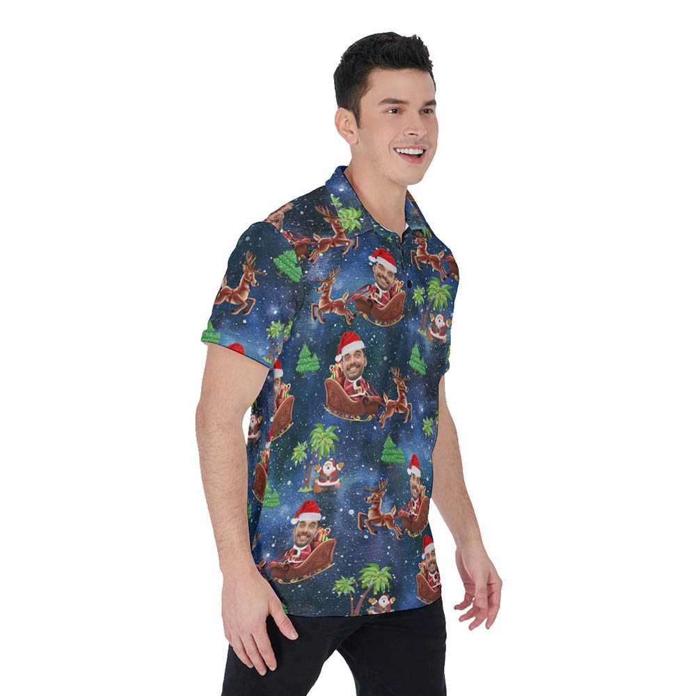 Custom Face Santa Riding Sleigh Christmas Hawaiian Polo Shirt For Men