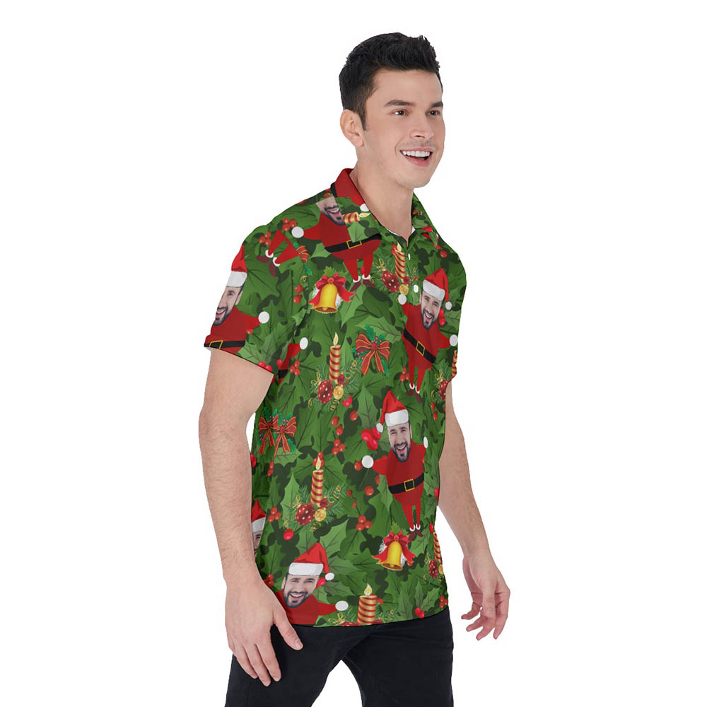Tropical Custom Face Christmas Santa Green Hawaiian Polo Shirt For Men