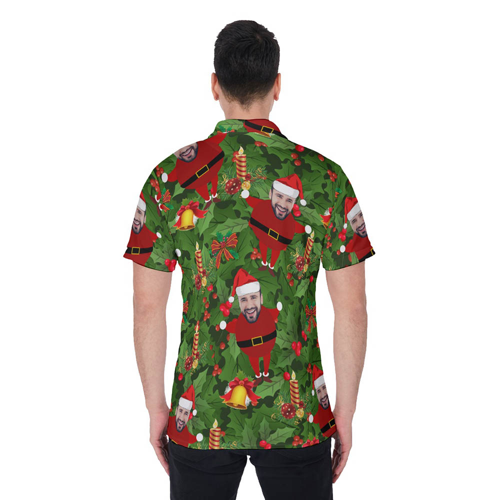 Tropical Custom Face Christmas Santa Green Hawaiian Polo Shirt For Men