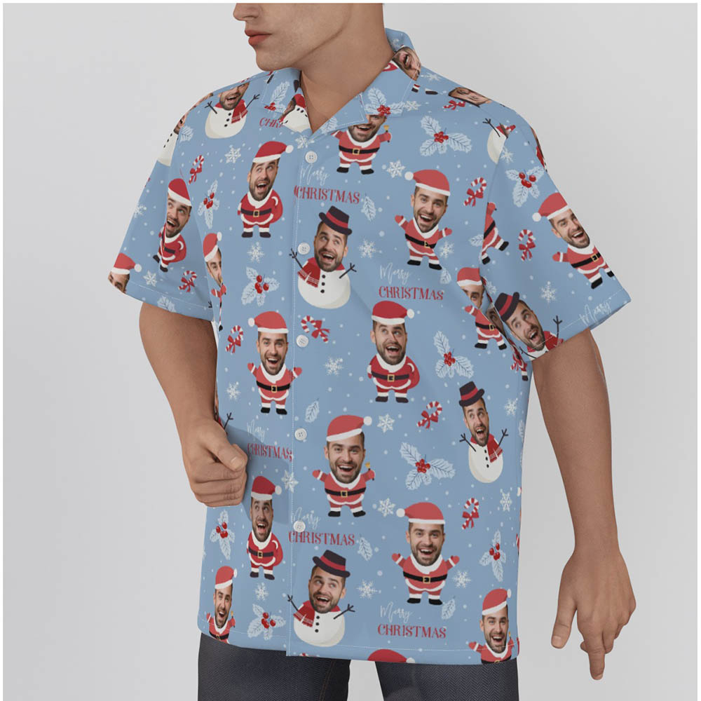 Funny Custom Face Santa Snowman Christmas Blue Hawaiian Shirt