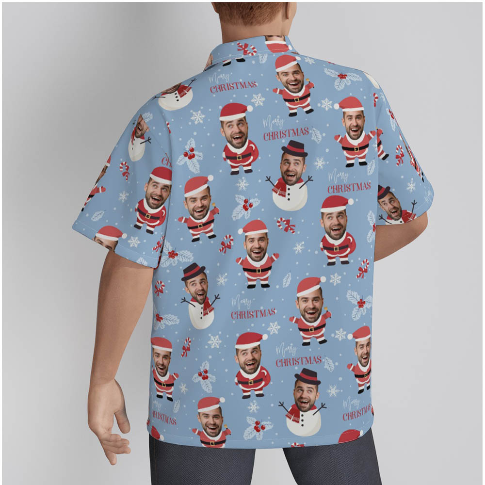 Funny Custom Face Santa Snowman Christmas Blue Hawaiian Shirt