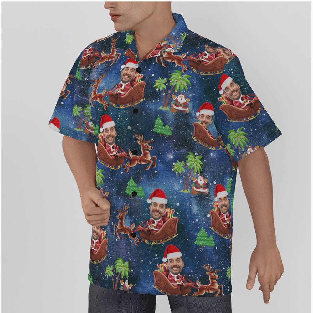 Funny Custom Face Santa Riding Sleigh Christmas Hawaiian Shirt