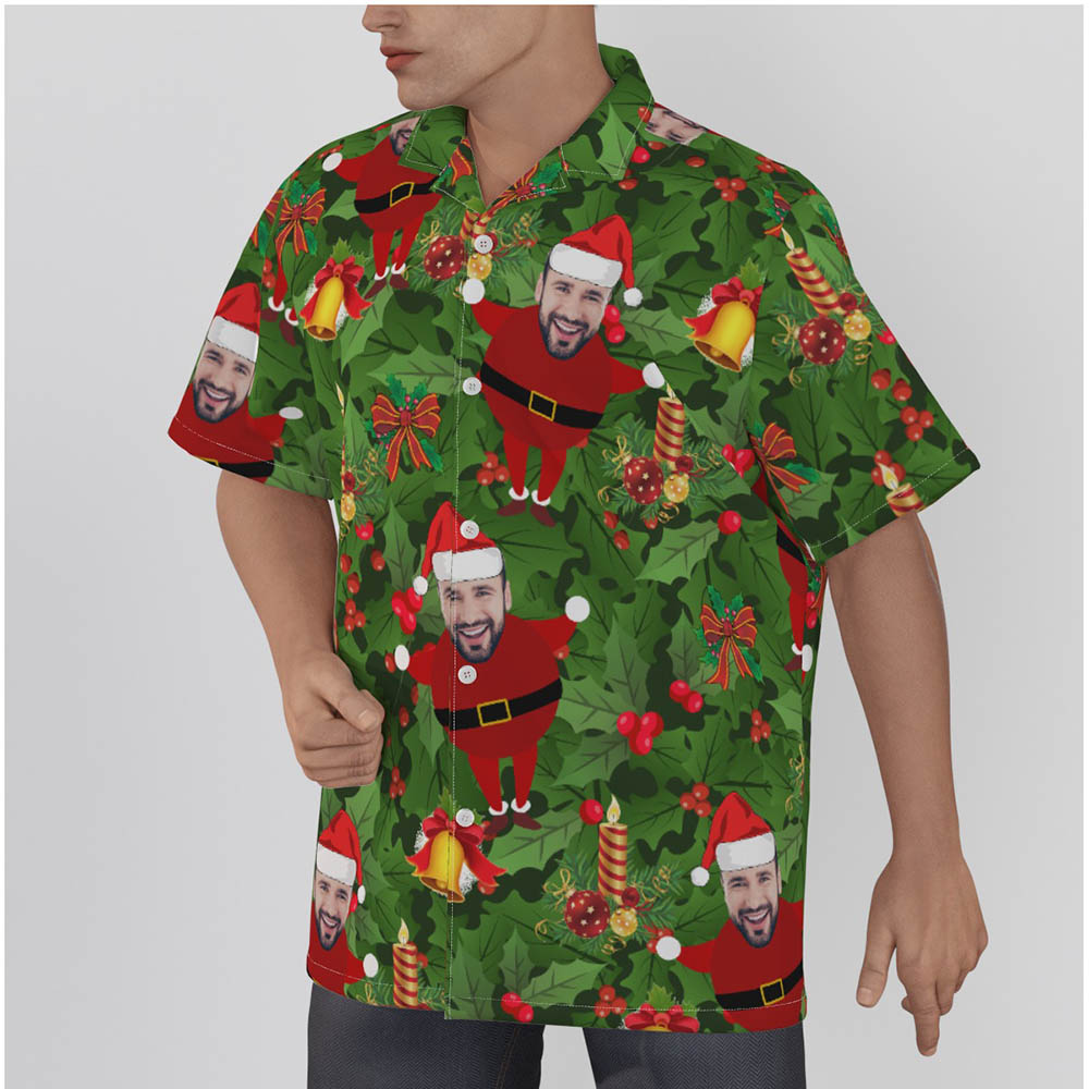 Funny Custom Face Santa Green Tropical Christmas Hawaiian Shirt